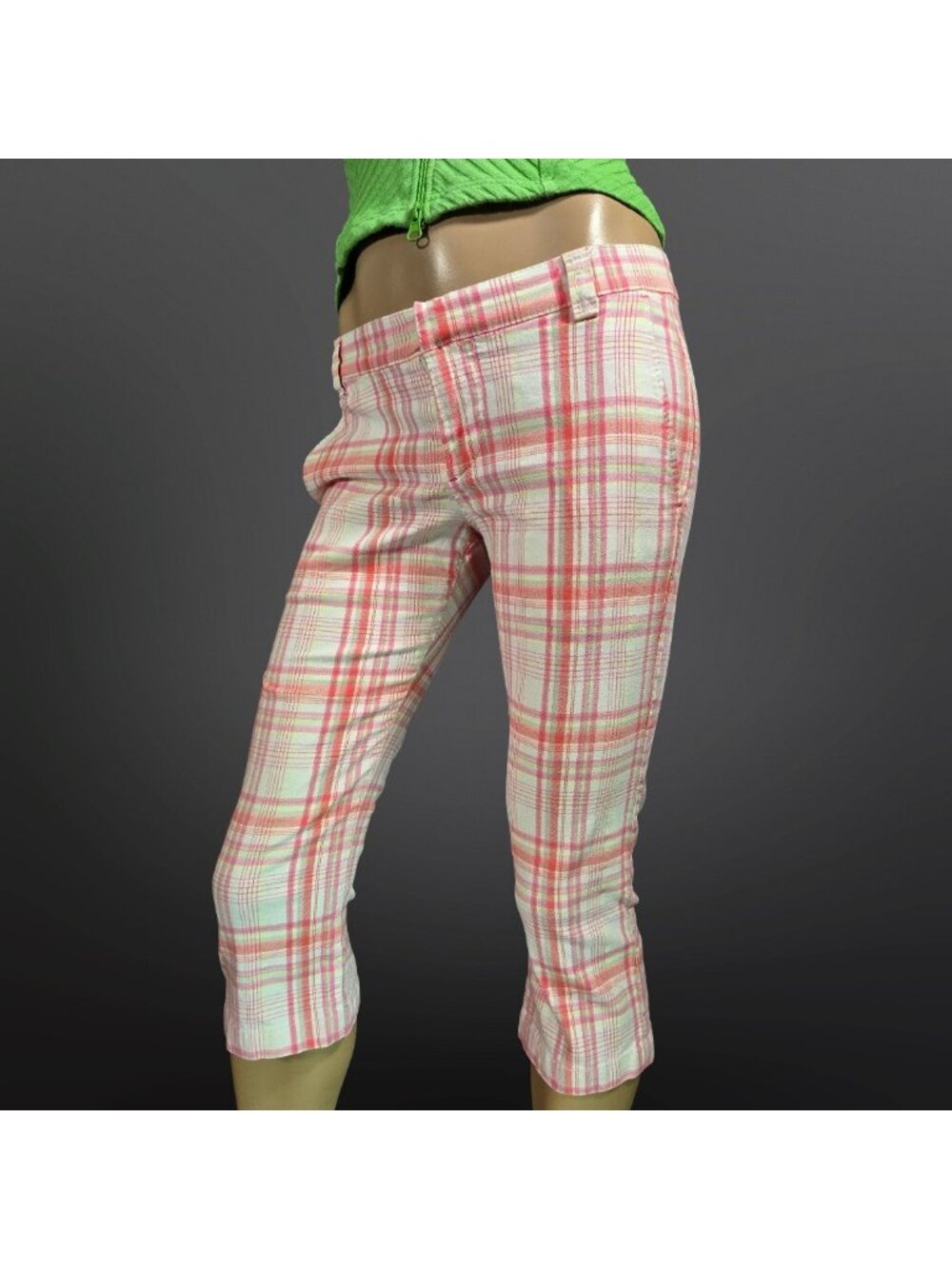 Y2K Miss Sixty Pink Plaid Capri Pants Size 26 Low Rise 2000s Preppy Italy